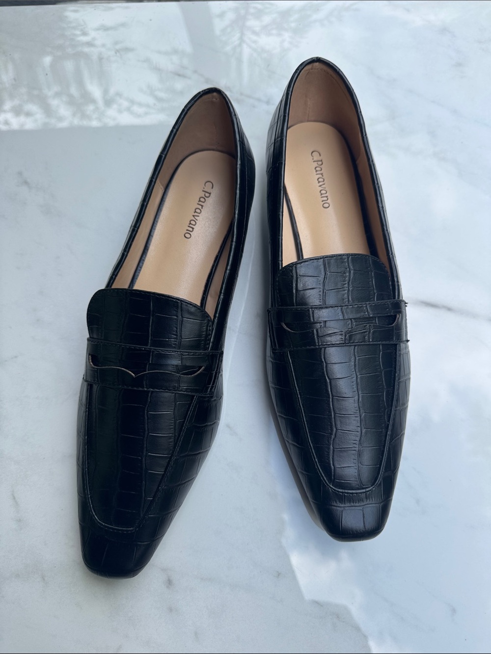 C.Paravano Black Croc Embossed Penny Loafers EU 40 Lambskin Lined Square Toe